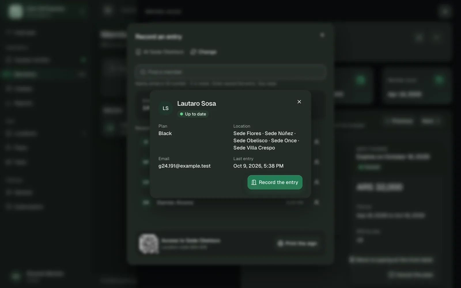 An up-to-date member's card in the front desk's entry dialog, ready to confirm