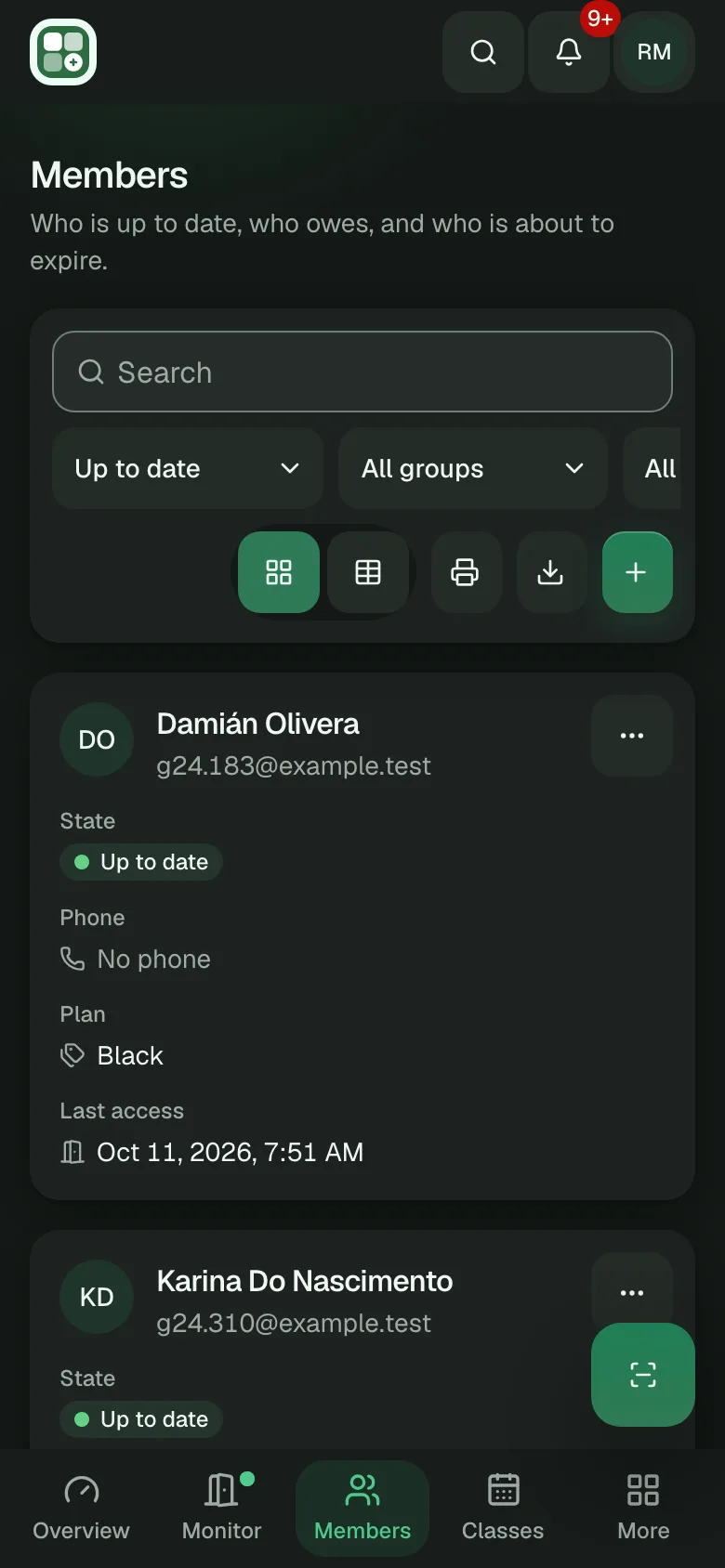 The member list on a phone, as cards