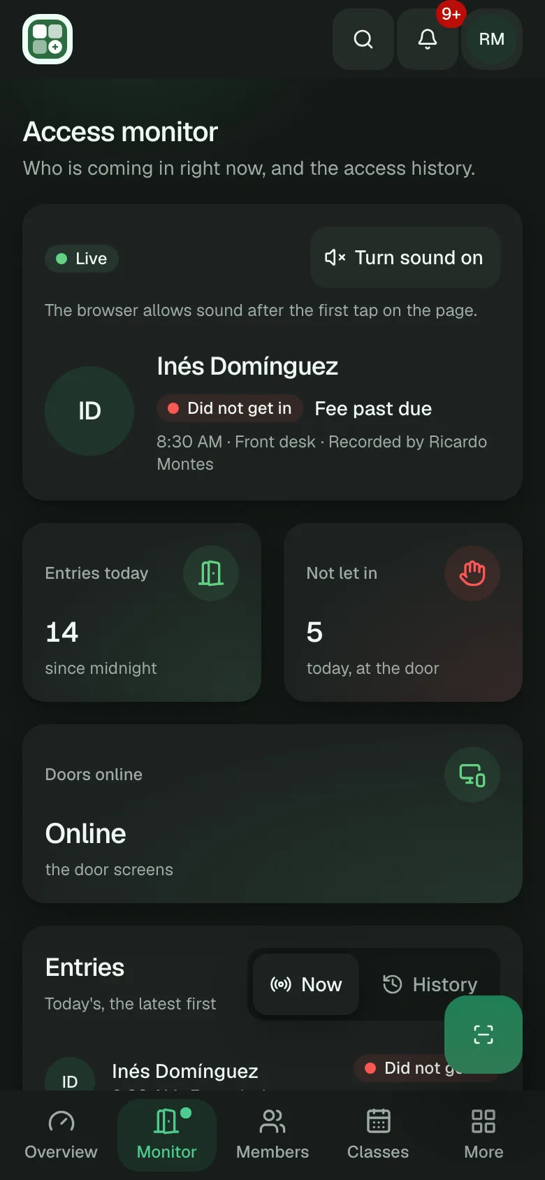 The access monitor on a phone, with the latest entry live