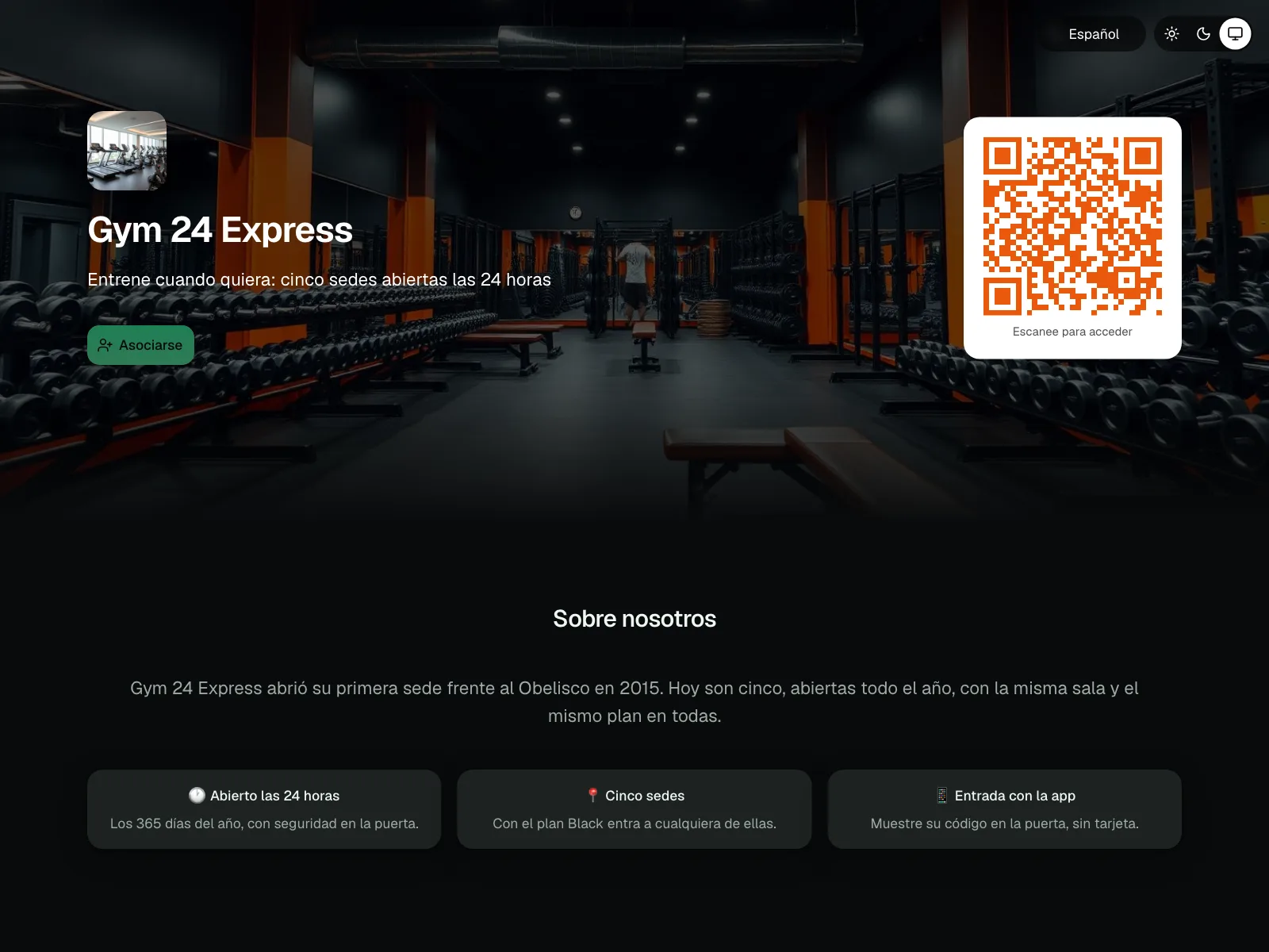 La página pública de un gimnasio en GymSmartAccess: su portada, su logo, su eslogan y el botón para asociarse