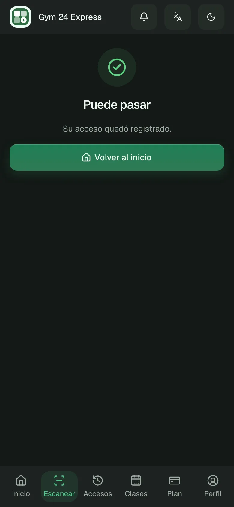 El socio después de escanear el QR de la entrada: «Puede pasar», y su acceso queda registrado