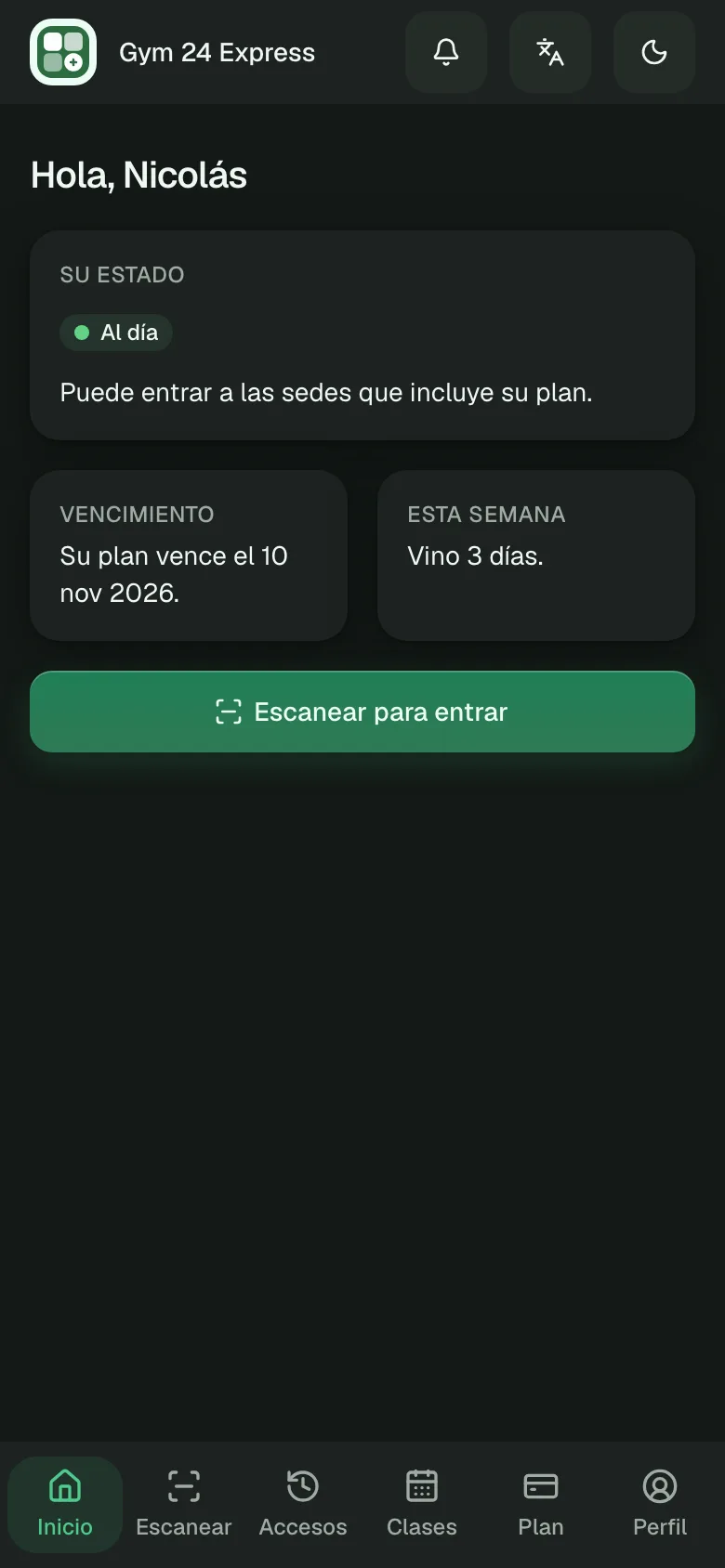 El inicio de la app del socio en el celular: si está al día y hasta cuándo puede entrar, sin instalar ninguna aplicación