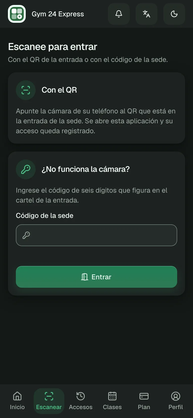 La pantalla Escanear de la app del socio: cómo entrar con el QR de la entrada o, si la cámara no ayuda, con el código de seis dígitos de la sede