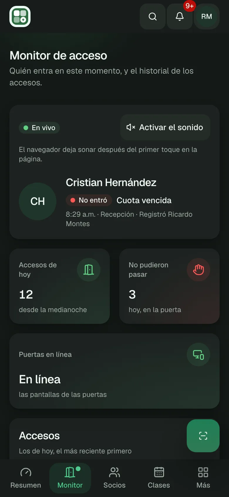 El monitor de acceso en un teléfono, con el último acceso en vivo