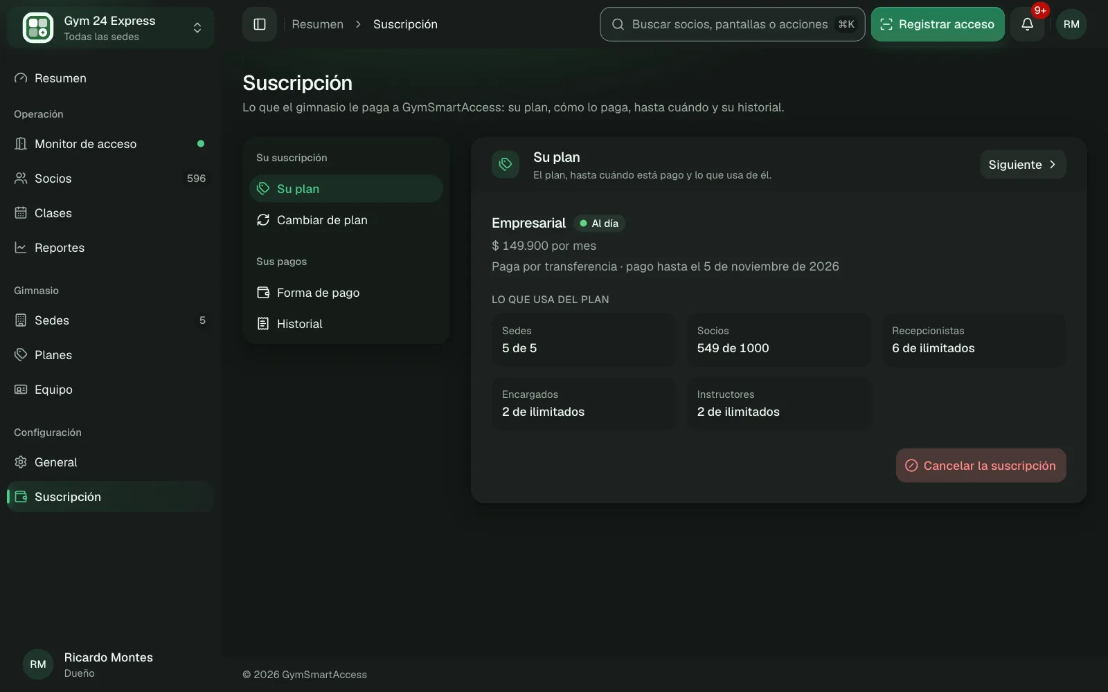 La suscripción del gimnasio en el panel: su plan, el próximo cobro, lo que incluye y el cambio de plan