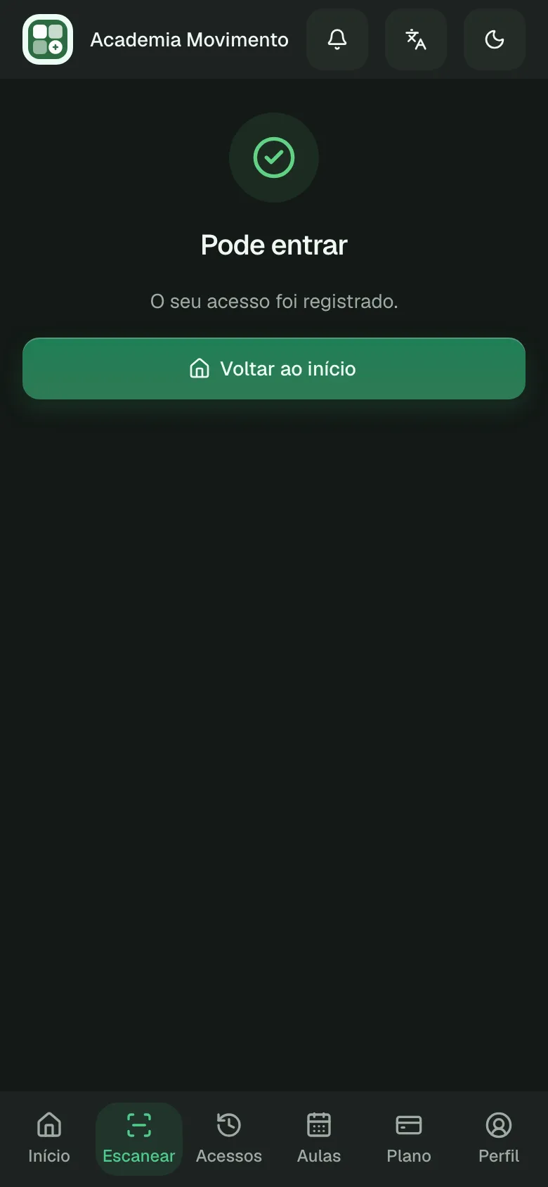 Um aluno acabou de escanear o QR da entrada com o celular: “Pode entrar” e “O seu acesso foi registrado.”