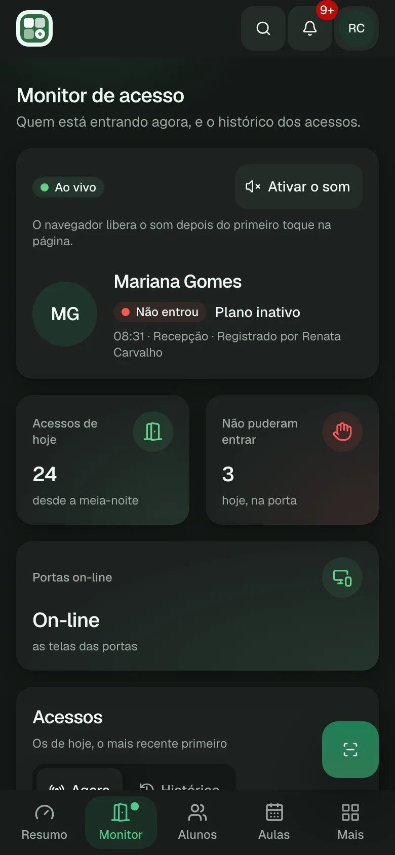 O monitor de acesso num celular, com o último acesso ao vivo