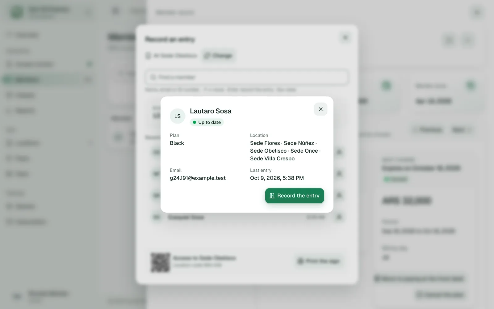 An up-to-date member's card in the front desk's entry dialog, ready to confirm