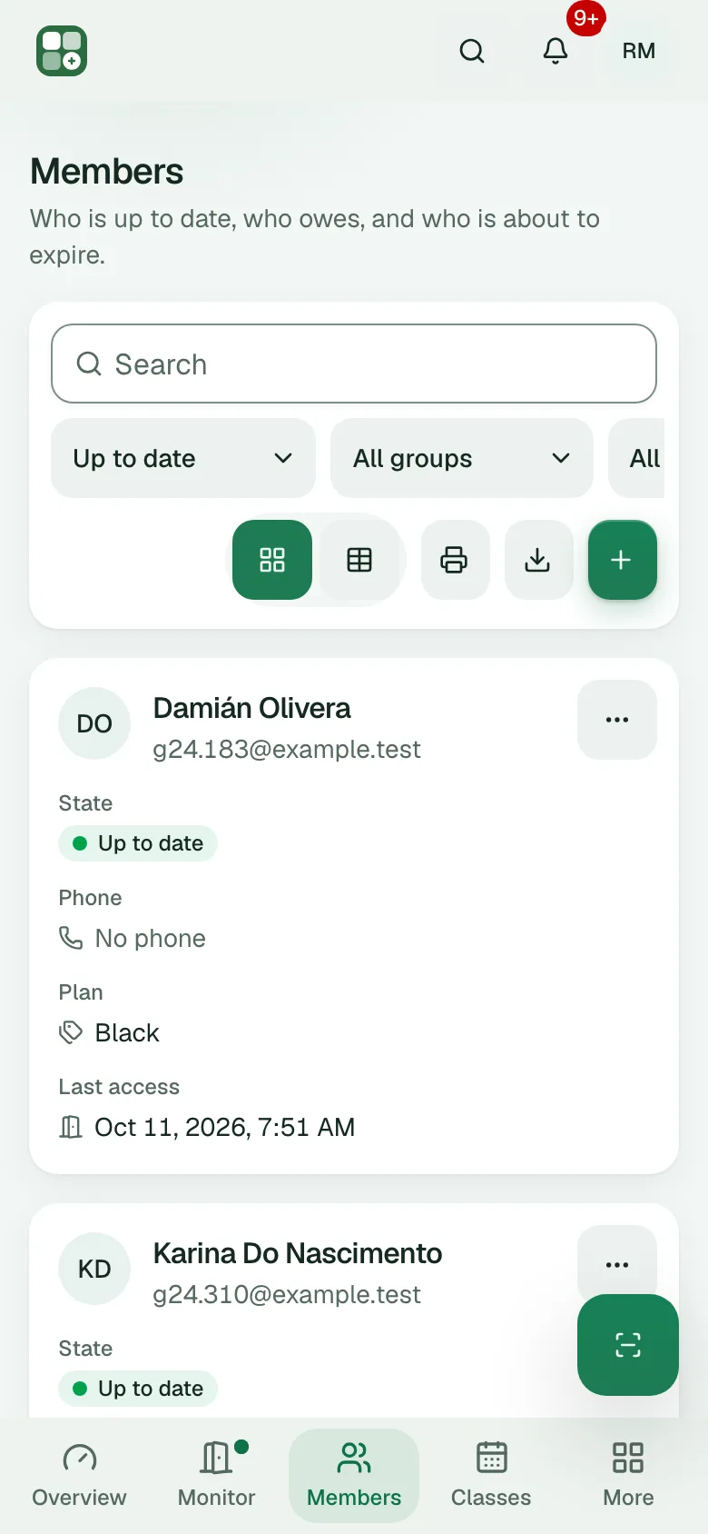 The member list on a phone, as cards