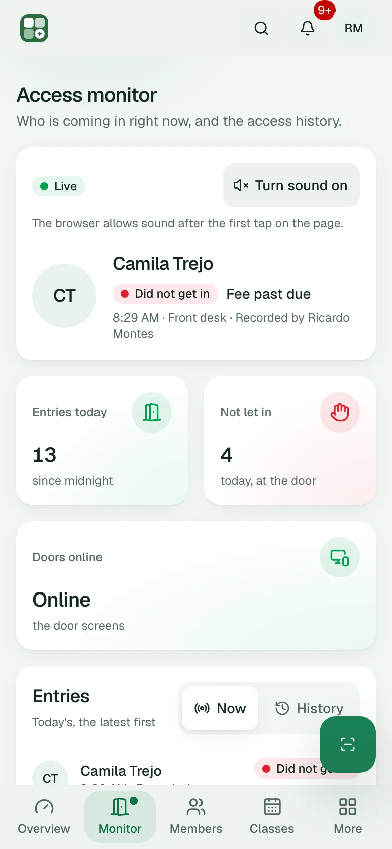 The access monitor on a phone, with the latest entry live