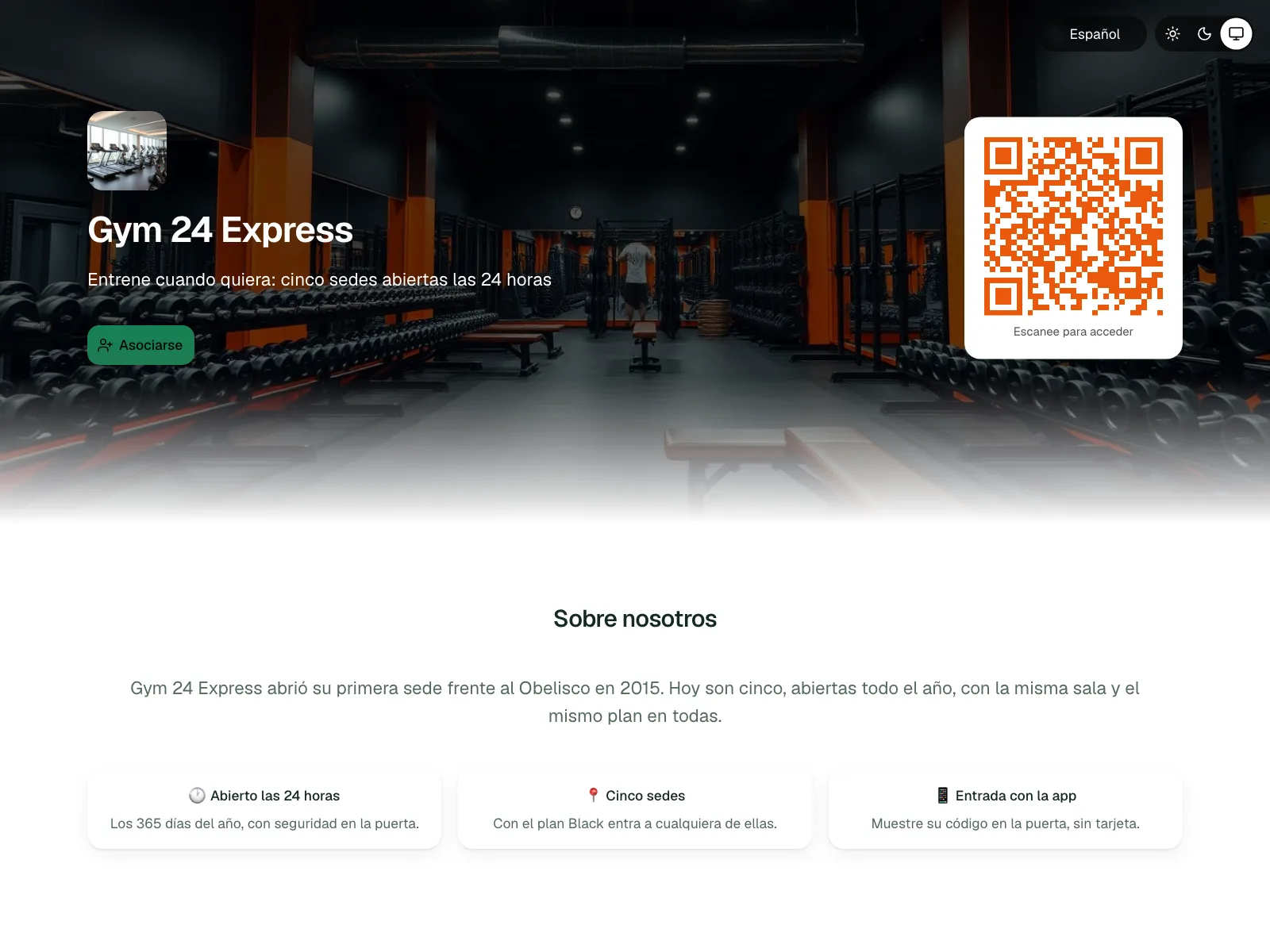 La página pública de un gimnasio en GymSmartAccess: su portada, su logo, su eslogan y el botón para asociarse