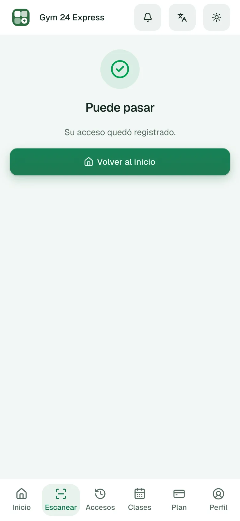 El socio después de escanear el QR de la entrada: «Puede pasar», y su acceso queda registrado