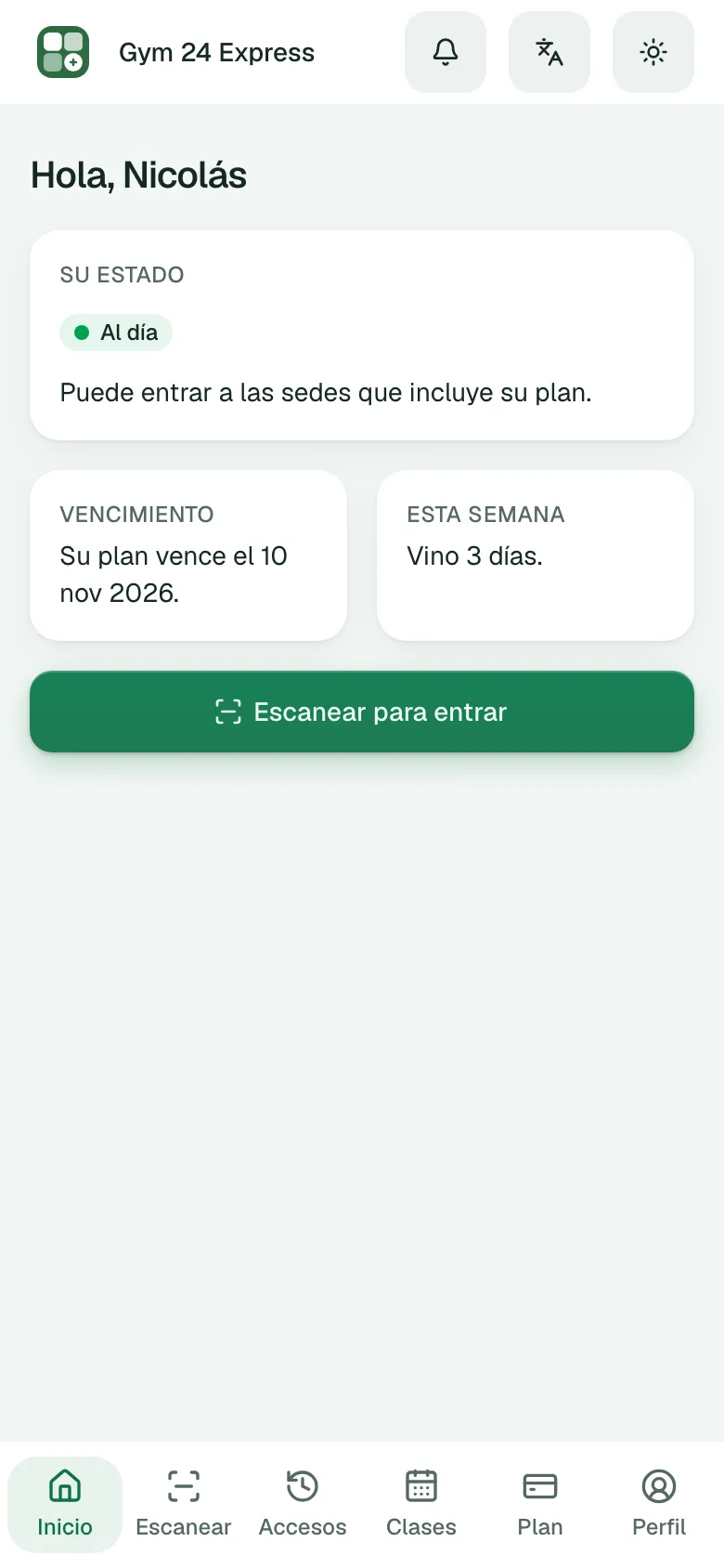 El inicio de la app del socio en el celular: si está al día y hasta cuándo puede entrar, sin instalar ninguna aplicación