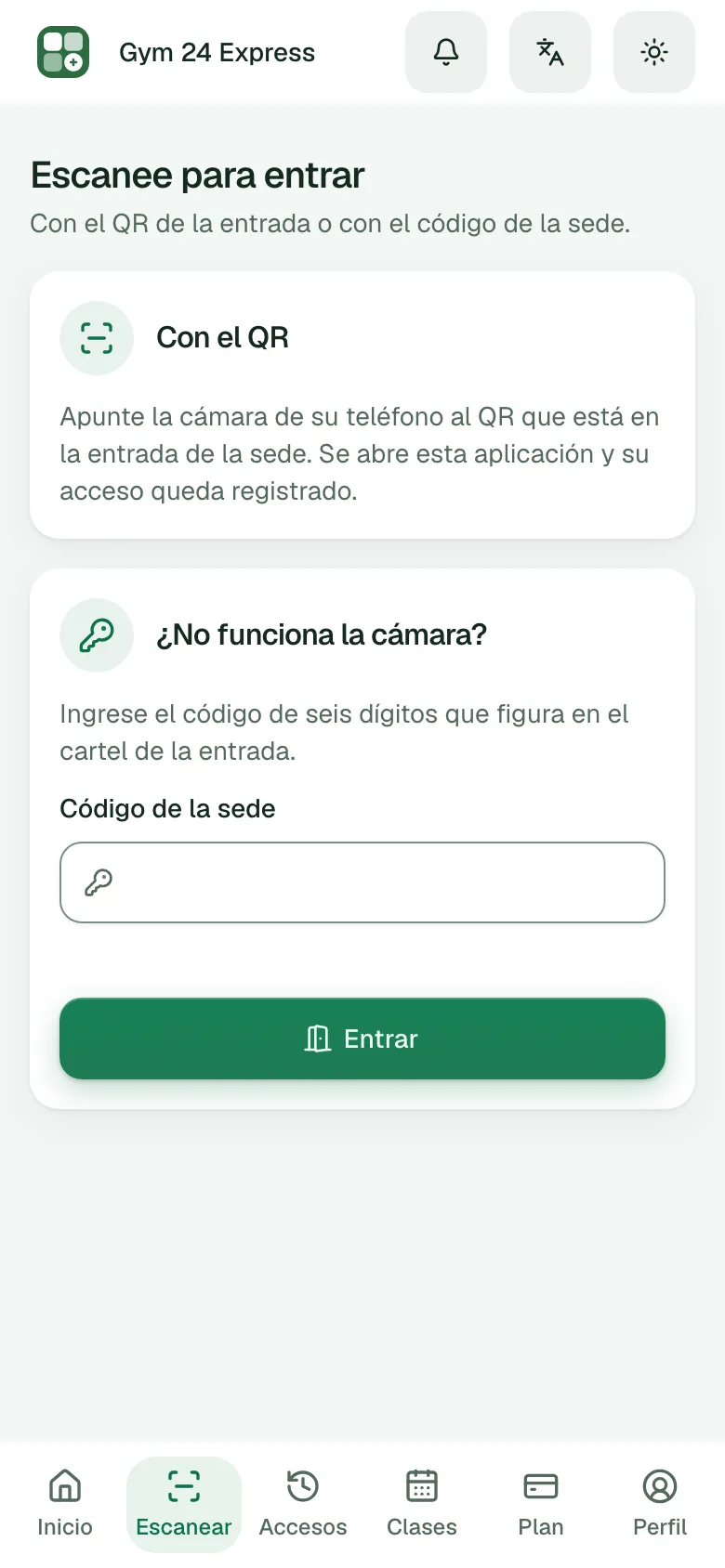 La pantalla Escanear de la app del socio: cómo entrar con el QR de la entrada o, si la cámara no ayuda, con el código de seis dígitos de la sede