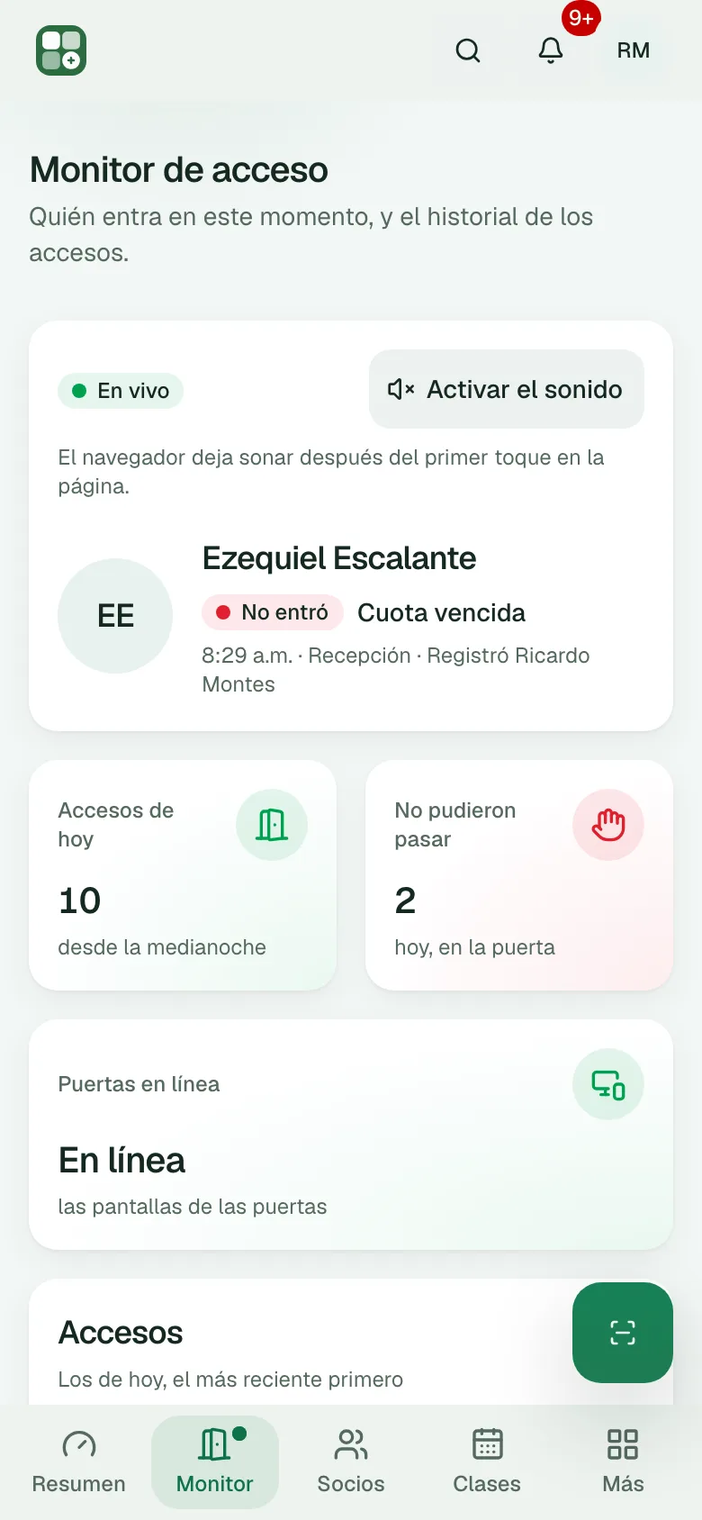 El monitor de acceso en un teléfono, con el último acceso en vivo