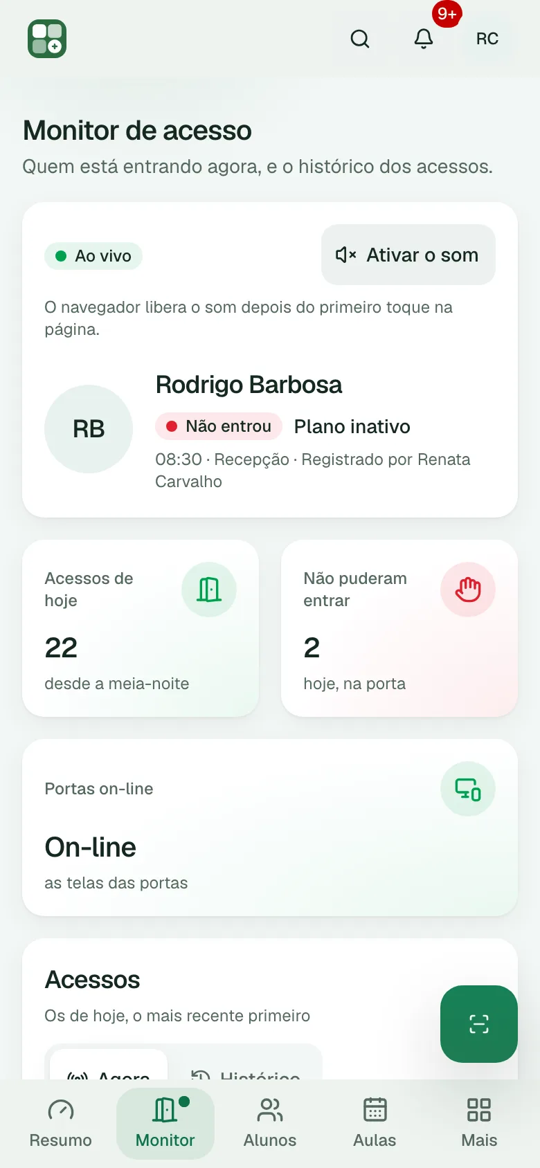O monitor de acesso num celular, com o último acesso ao vivo